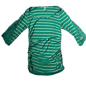 Pink Blush Maternity 3/4 Sleeve Stretch Top Shirt S ? Green Cream Lace Ruched